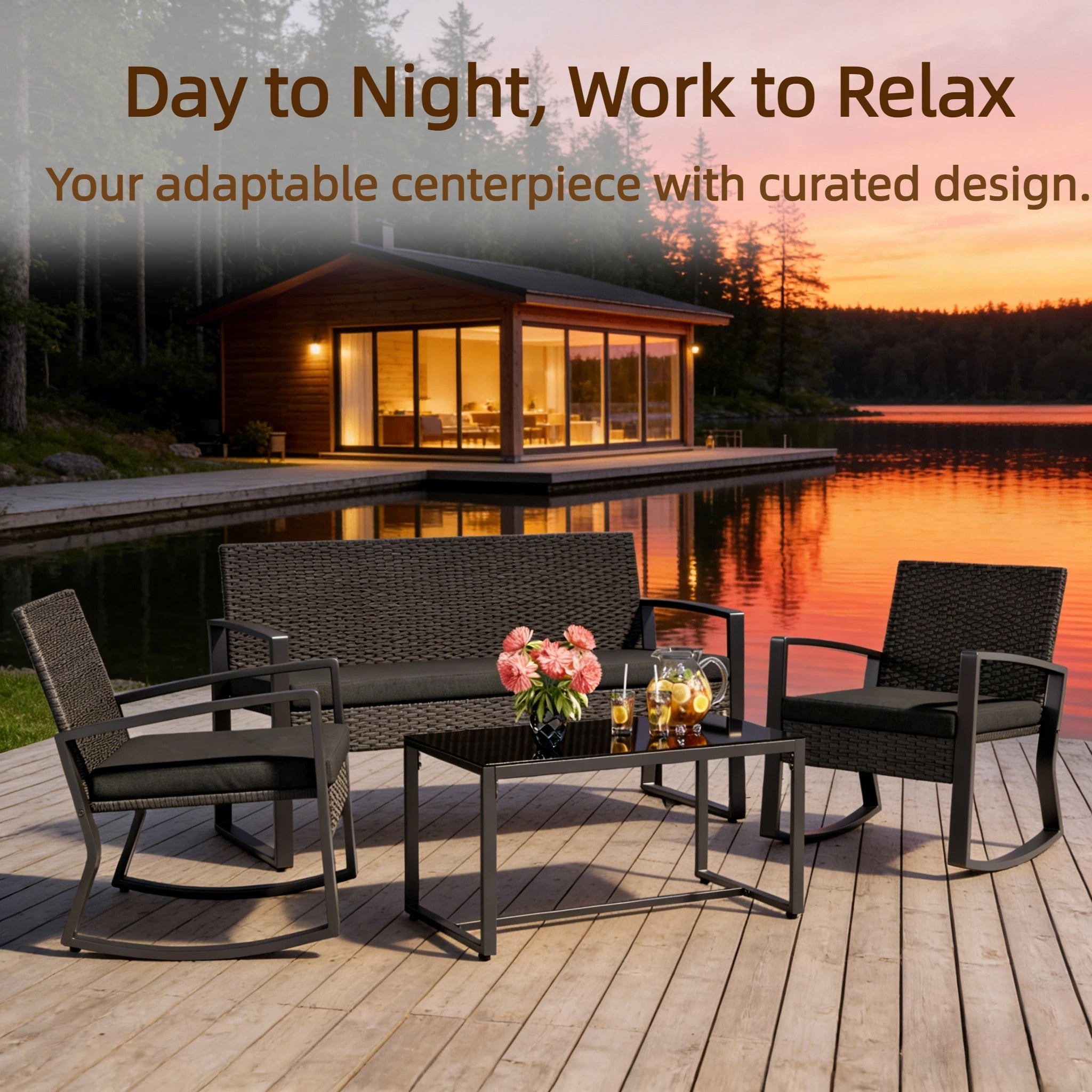 Outdoor Furniture Set for 4, Patio Conversation Set with Patio Rocking Chairs, Rattan Loveseat, Bistro Coffee Table, Removable Cushions for Backyard, Black