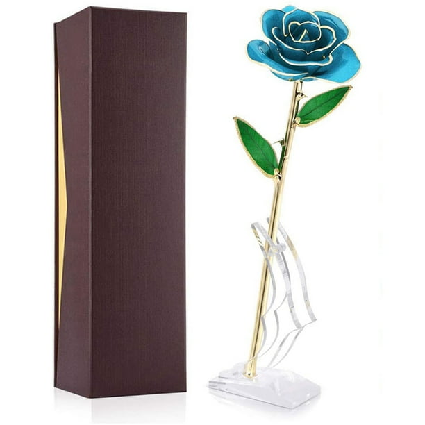Rosa de tallo largo bañada en oro de 24 quilates en caja de regalo con soporte (rosa azul claro con soporte)