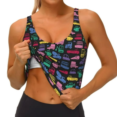 Qokaie Colorful Excavator Pattern Womens Scoop Neck Sports Bra Breathable Workout Vest Padded U Back Medium Impact Fitness Gym Yoga Bra Workout Crop Top