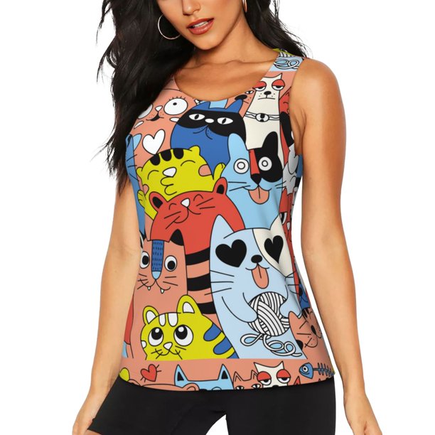 Fotbe Funny Cats Blusas Sin Mangas para Mujer – Estilo Casual, Corte Suelto, Slim-Fit, Cuello Redondo Deportivo, Tops de Verano para Gimnasio y Yoga-Medium