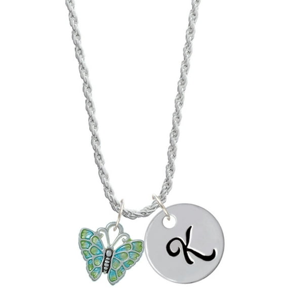 Delight Jewelry Silvertone Lime Green & Blue Butterfly Silvertone Script Initial Disc - K - Charm Necklace, 20"+3"