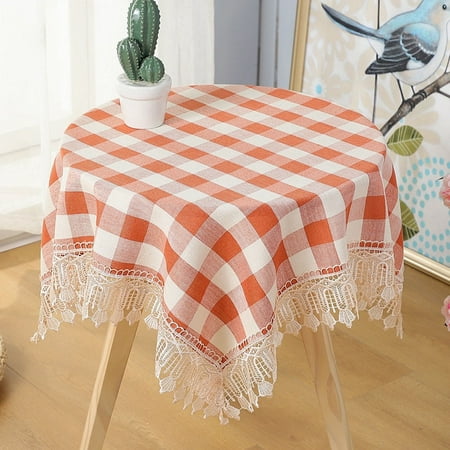 

Square Tablecloth For Round Table Elegant Plaid Tablecloth With Lace Trim Dustproof Table Cover-Red-110*110cm
