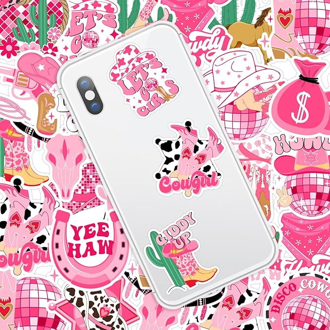 Serencatcher 100pcs Disco Cowgirl Stickers Decals, Lets Go Girls Party Favors Stickers for Water Bottle Skateboard Laptop, Yeehaw Stickers for Western Space Cowgirl Birthday Bachelorette Party Favors