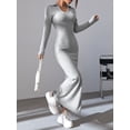 thumbnail image 2 of Vestido sexy de punto con cuello en V y cuello inverso para mujer, suéter básico elástico de manga larga para otoño e invierno, 2 of 5