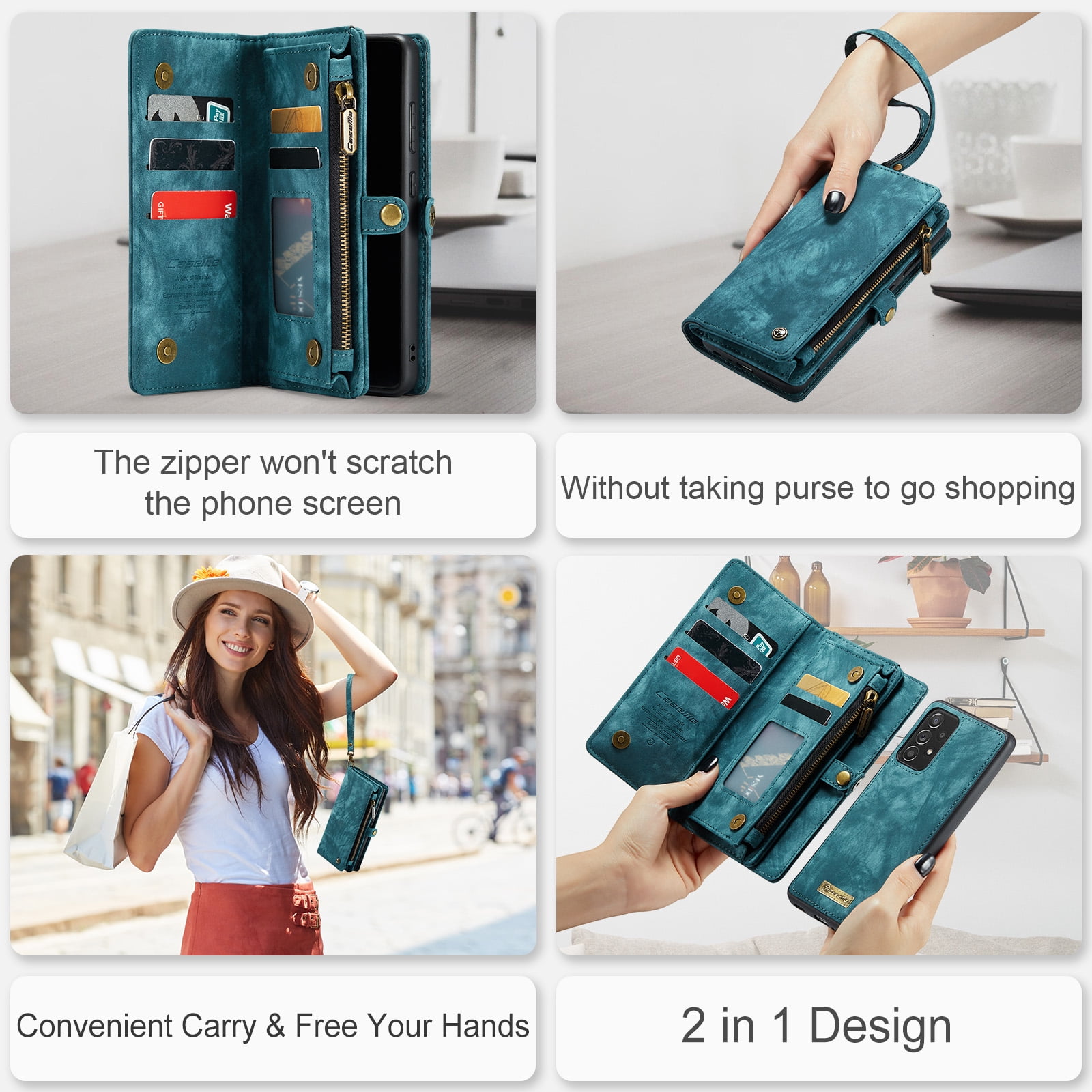 Feishell Durable 2- In-1 Magnetic Detachable Wallet Case for Samsung Galaxy A52 4G/5G,for Women Men,Premium PU Leather Zipper Pocket Flip Multi Card Slots Purse Phone Case with Wrist Strap,Green