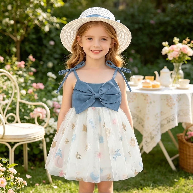 Babcutegg Cute Denim Sleeveless Dress With Tulle Skirt And Matching Hat For Little Girls Blue Size 2T