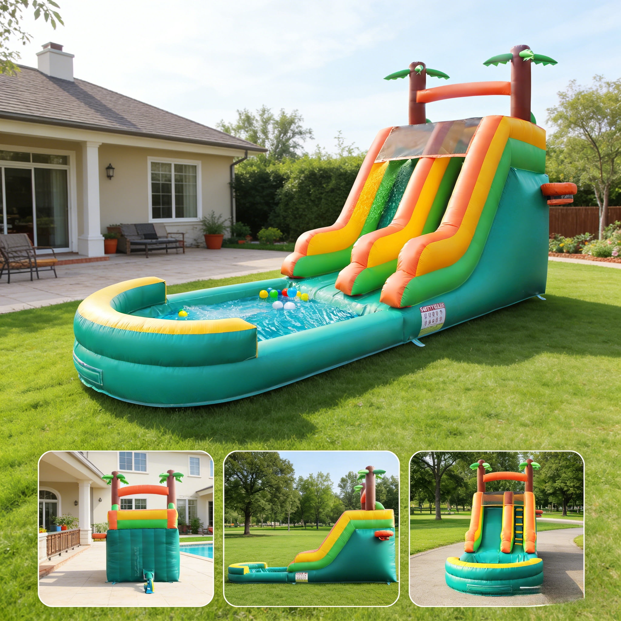 Chantmo 26ft Inflatable Water Slide for Adults 100% PVC Widen Slide Shallow Pool 950w Air Blower for Backyard Park Green