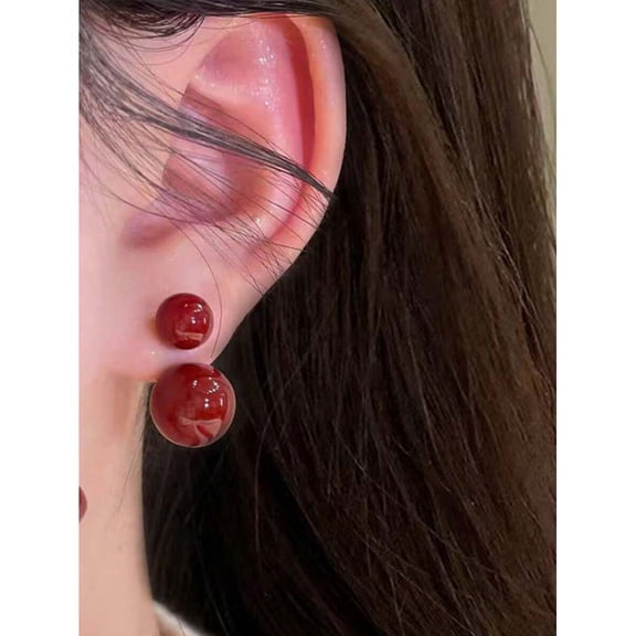 Burgundy Double Sphere Stud Earrings With Ball Back Post
