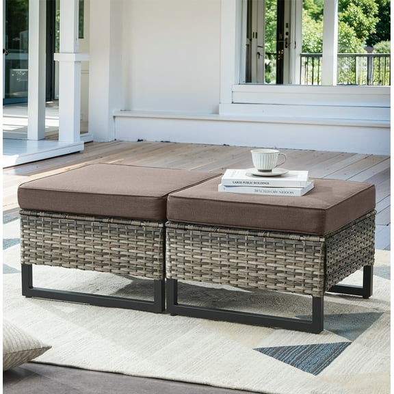 Gymojoy 2 Pieces Outdoor Ottoman, Patio All Weather Rattan Wicker Footstool Footrest Seat with Removable Cushion,Gray