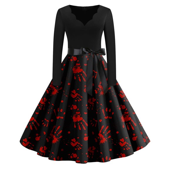 WTOBBY Women's Elegant Retro V-Neck Swing Dress Featuring Halloween Print, Long Sleeves, Waist Bow Tie Detail, and Classic Hepburn Style for Casual Parties ,Black L