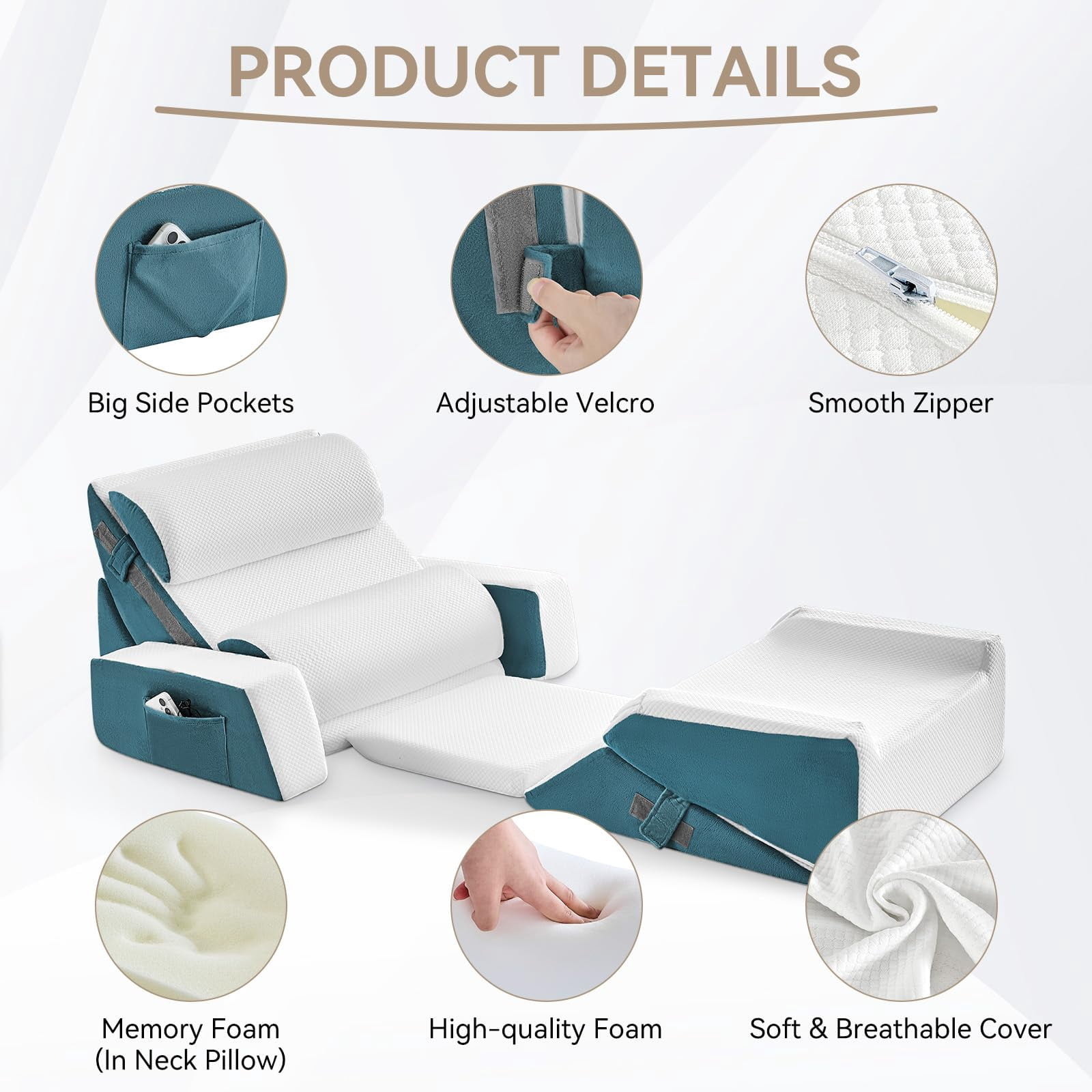 9pcs Bed Wedge Pillow Set For Sleeping  And Leg Foam Body Triangle Adjustable Support - Acid Reflux Pillows Navy