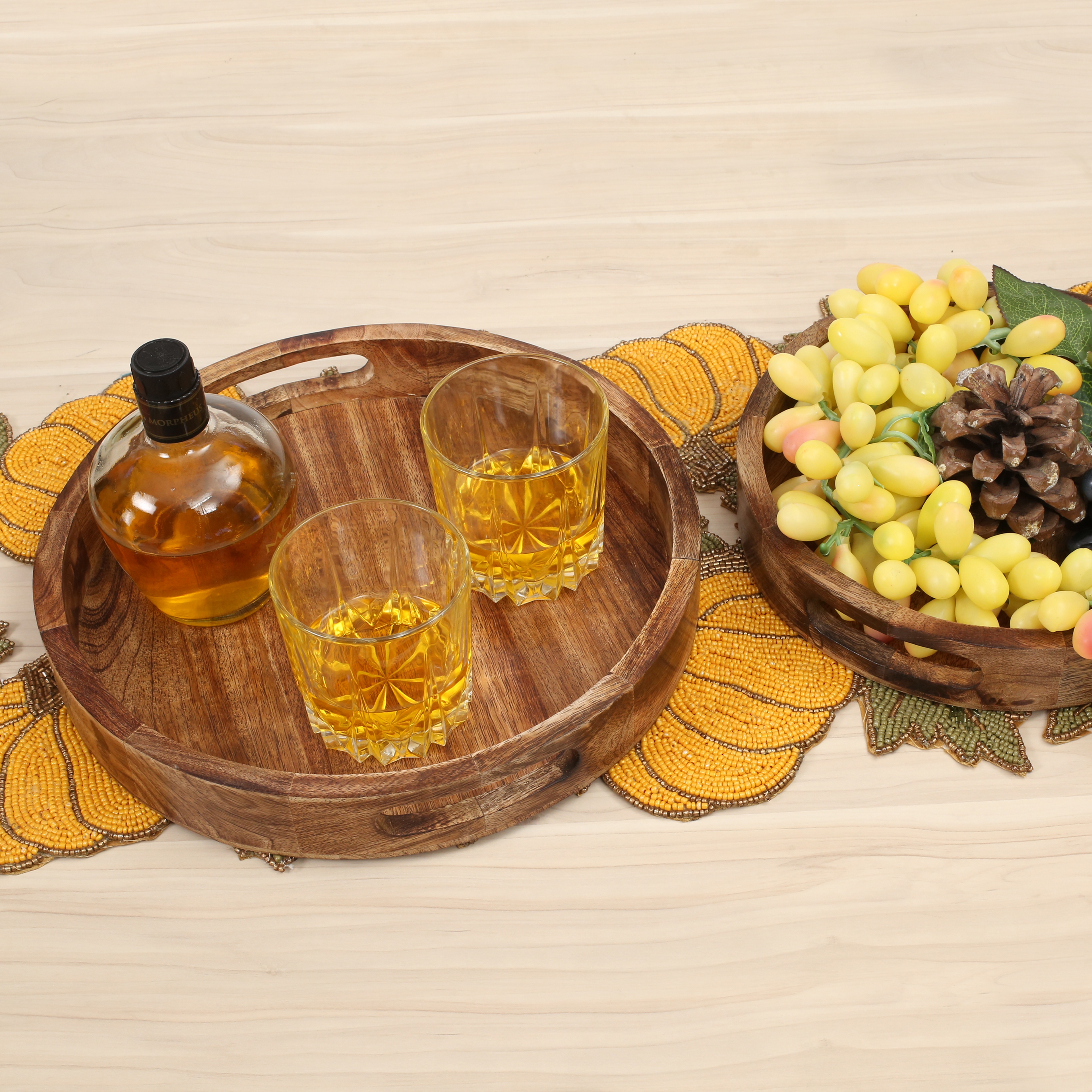 Bedding Craft Natural Burnt Round Wooden Serving Tray Set – Rustic Countertop Fruit Basket Organizer – Natural Wood Decorative Storage, Set of 2, 12x12x1.5 Inch