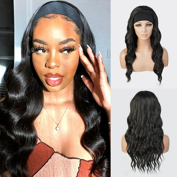 STUDIOCUT BY PROS Headband Wig 20 Inch Loose Wave Quick Wrap Headband Wig Long Wavy Curly Wigs for Black Women High Heat Resistant Synthetic Wigs HBW004 (1B-OFFBLACK)