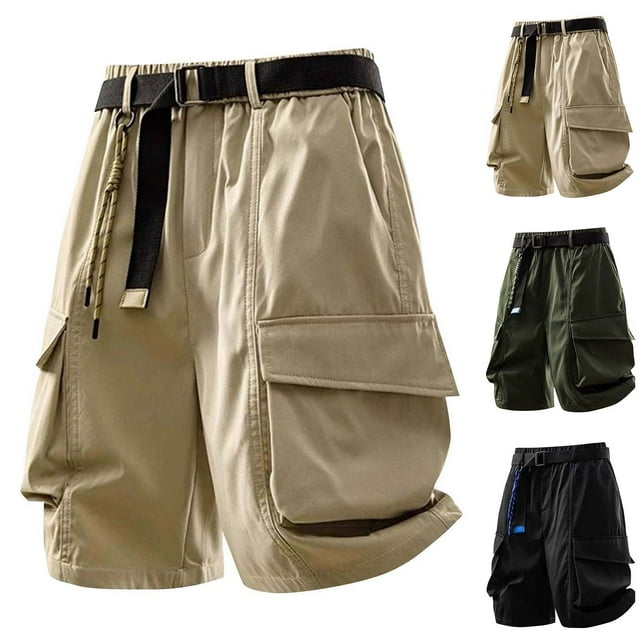 Man Solid-Color Loose Casual Large-Pocket Functional Waist Belt Work Pants Shorts Half Shorts Pants