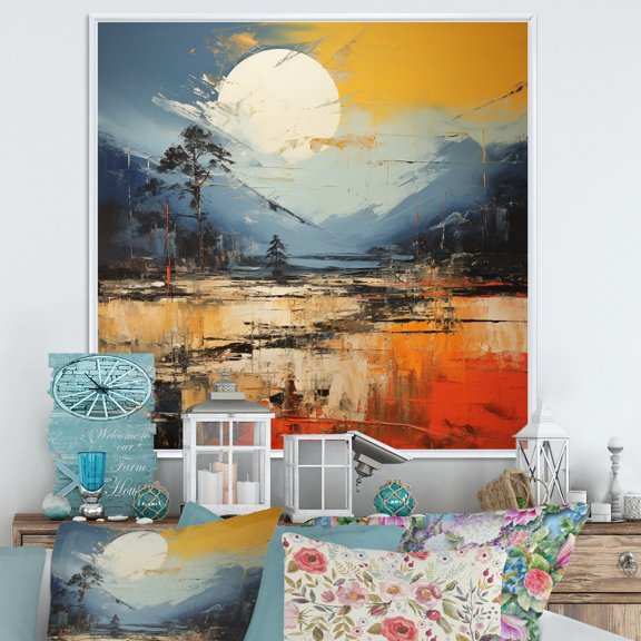 Designart "Grey Orange Asian horizon I" Abstract Collages Floater Framed Wall Art Living Room