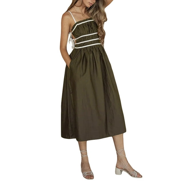 Mialoley Femmes Été Midi Cami Robe Sans Manches Dos Nouée Spaghetti Robe avec des Poches