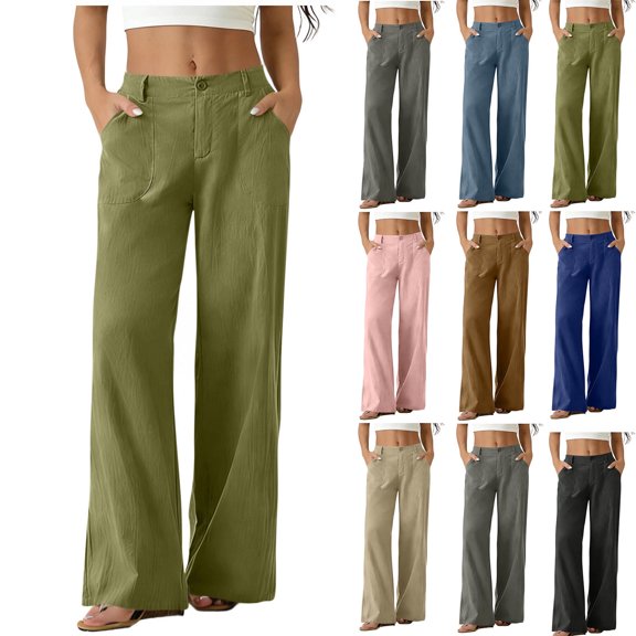 SETOOFF Women Button Zipper Mid Rise Wide Leg Pants Large Patch Pockets Split Hem Loose Fit Casual Trousers Outdoor Vacation Travel Work Linen Look Flow Bottoms