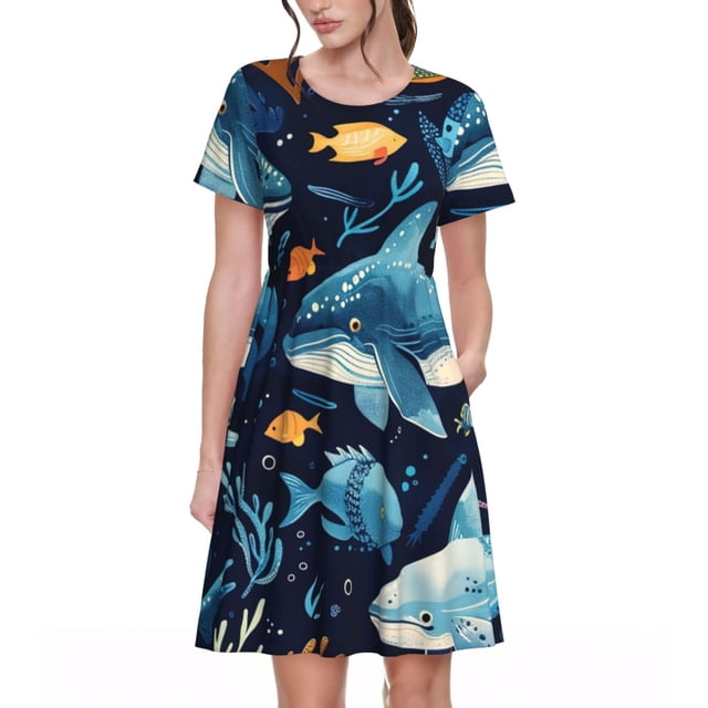 Balery Playful Whales Underwater Scene Vestidos sueltos de manga corta para mujer, vestidos de verano 2025, vestidos casuales de corte A con vuelo.