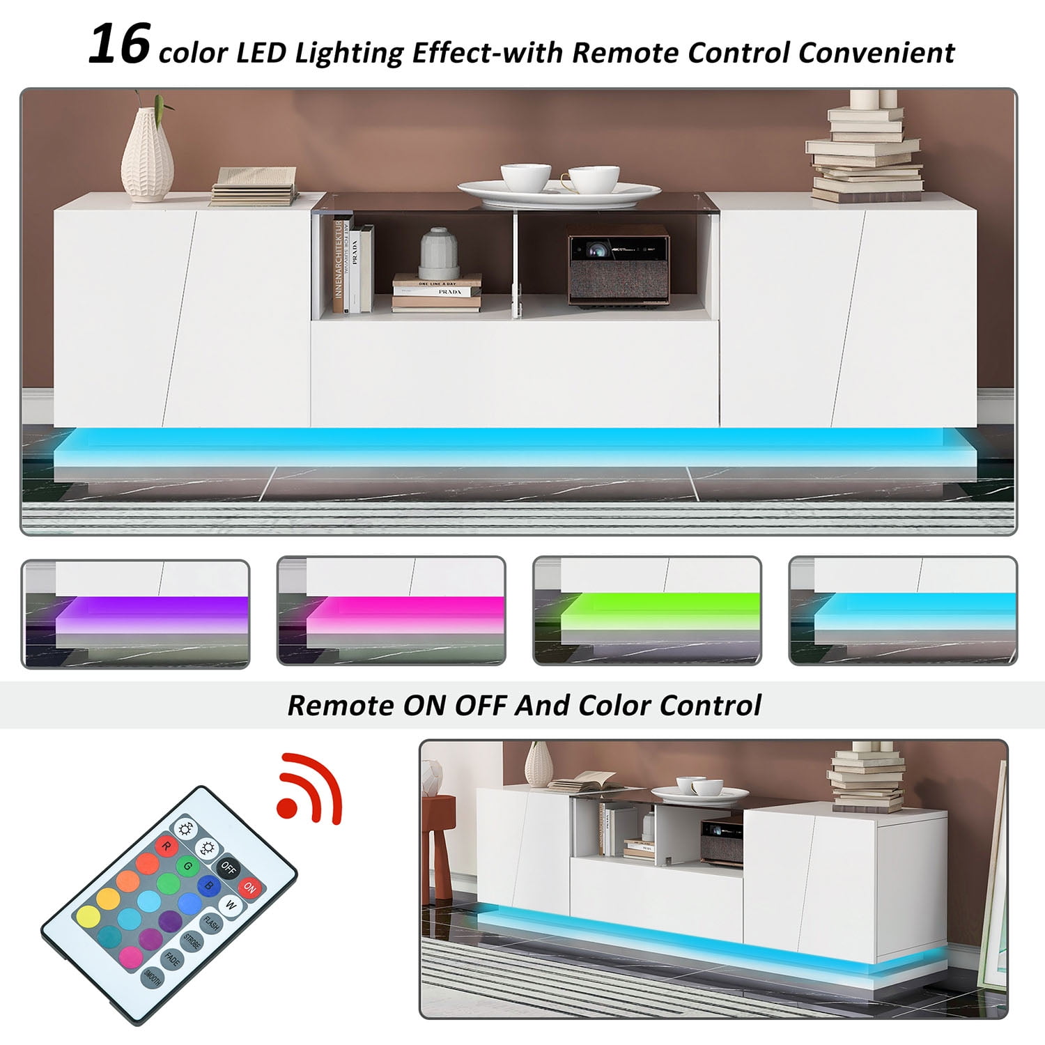 Kepooman TV Stand with Tempered Glass, TV Cabinet with Sorage and LED Color Changing Lights for Living Room, White Kepooman TV Stand with Tempered Glass, TV Cabinet with Sorage and LED Color Changing Lights for Living Room, White
