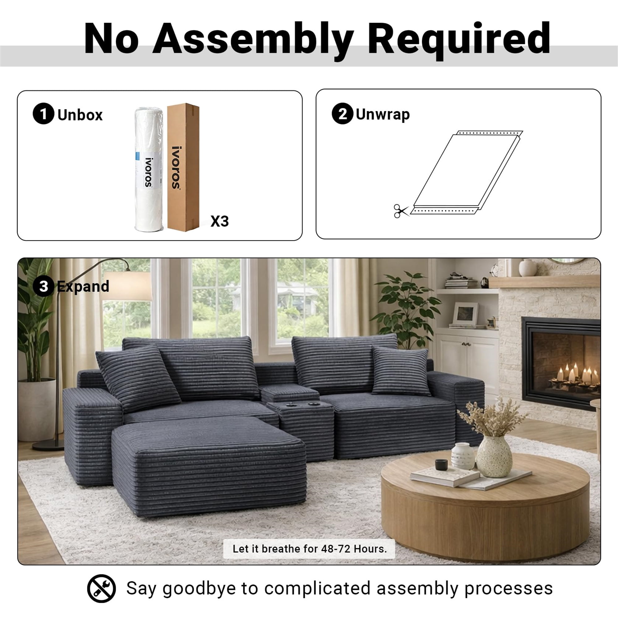 Aukfa 111" Cloud Sectional Sofa Deep Seat Boneless Couch with USB&Cupholdes Storage Console, Modular L-Shaped Couch for Living Room, Corduroy, Gray