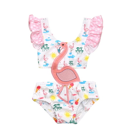 

Infant Baby Girls Sweet Summer Flamingo Print One Piece Swimsuit Hollow Ruffles Suspender Swimsuit