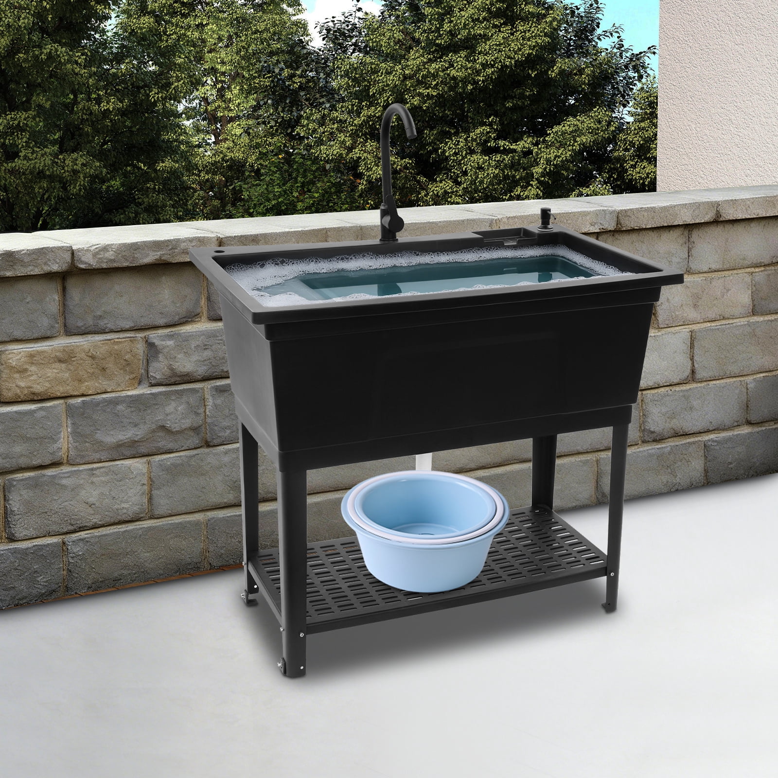 Black PP Kitchen Sink 101.4x60x38cm Independent Heavy-Duty Sink Household Multifunctional Drain Basin