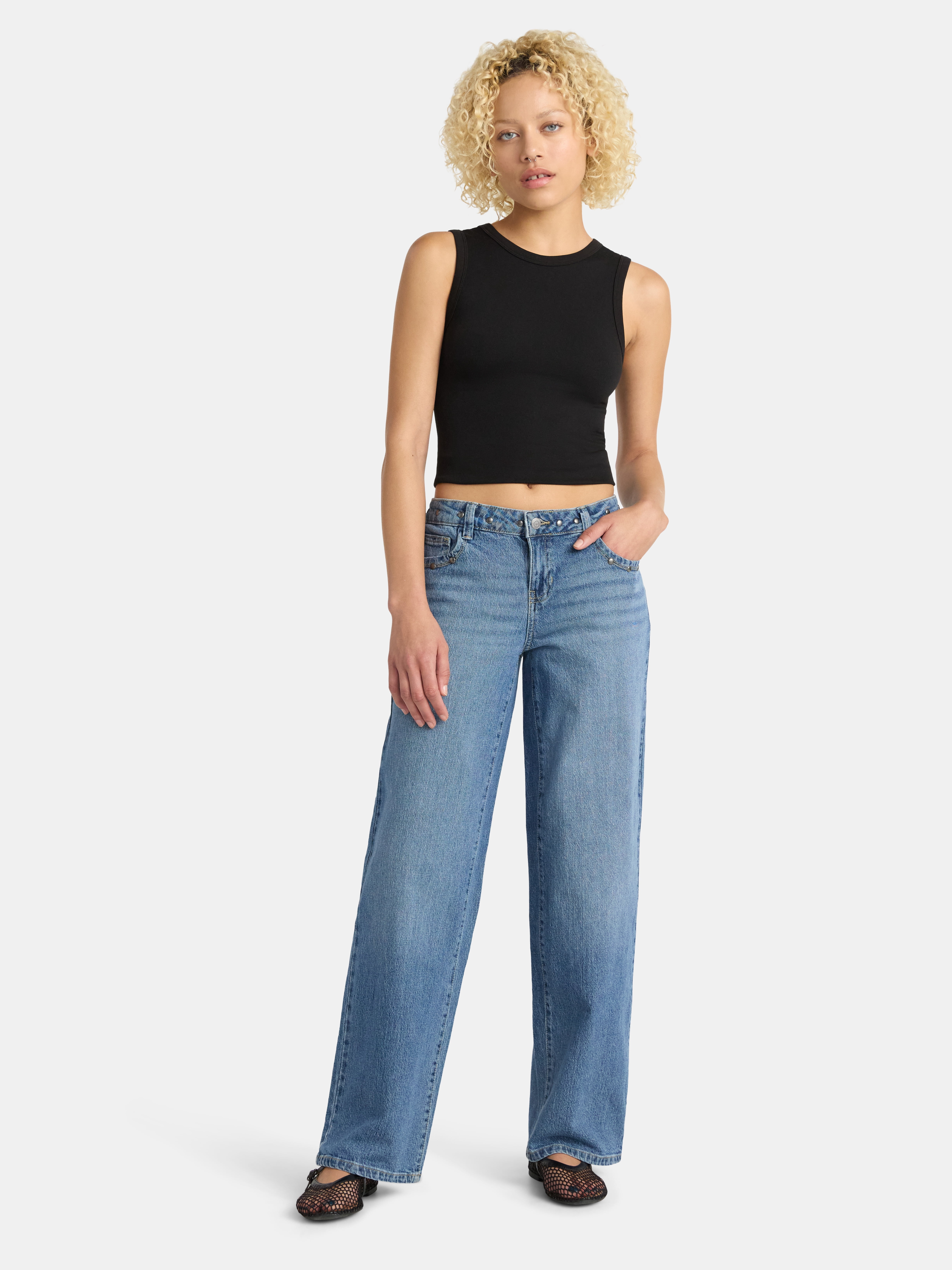 No Boundaries Low Rise Baggy Studded Jeans, 32'' Inseam, Women's