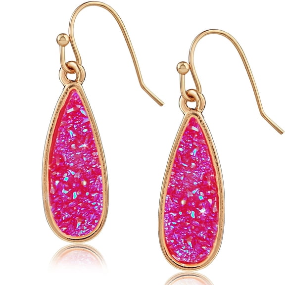 Humble Chic Hot Pink Druzy Drop Dangles - Sparkly Long Teardrop Dangly Earrings for Women