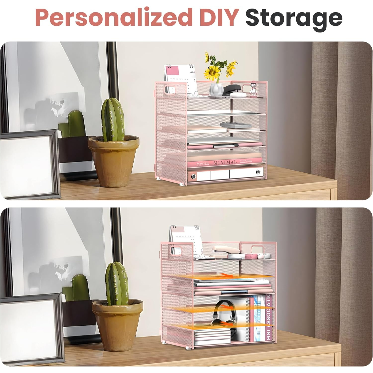 INTIGE 6 Tier Paper Organizer for Desk, Paper Letter Tray Organizer, Metal Mesh Desk File Organizers with Handle for Office/Home