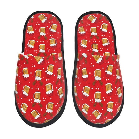 

Fuzoiu Christmas Hat beer Print Unisex Furry Slippers Plush Indoor Shoes Trendy House Slippers Anti-Skid EVA Sole House Shoes for Home Office and Travel -Large