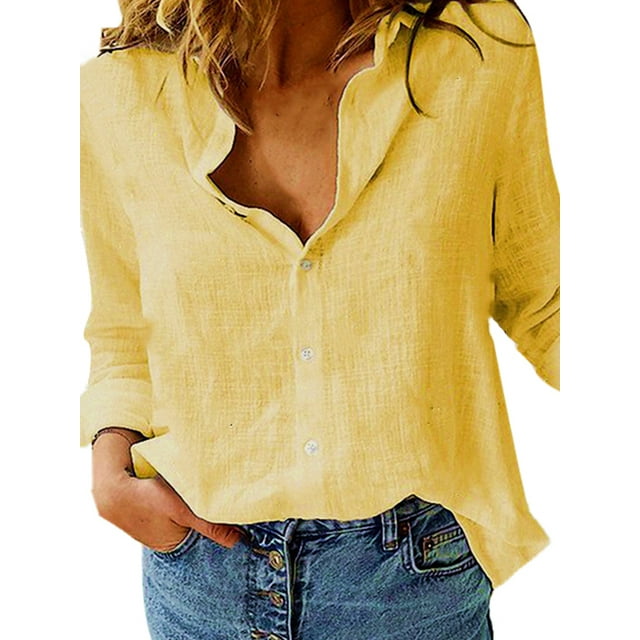 Daeful Hauts pour Femmes Chemises à Manches Longues Col à Revers Blouse Ample Jaune 3TG