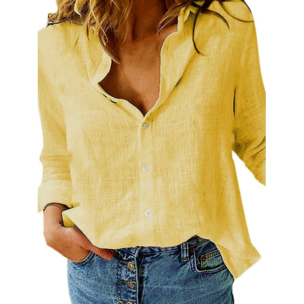 Womens Linen Shirts Long Sleeve Blouse Solid Color Casual Loose Fit ...