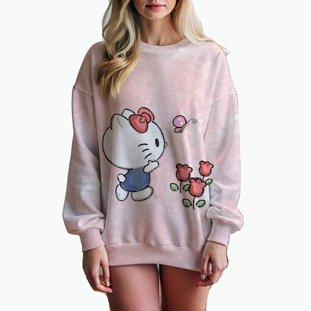 Sudadera con capucha informal holgada con estampado de Hello Kitty y grafiti de manga larga para mujer, primavera otoño 2024, sudaderas de cuello redondo de longitud media para mujer