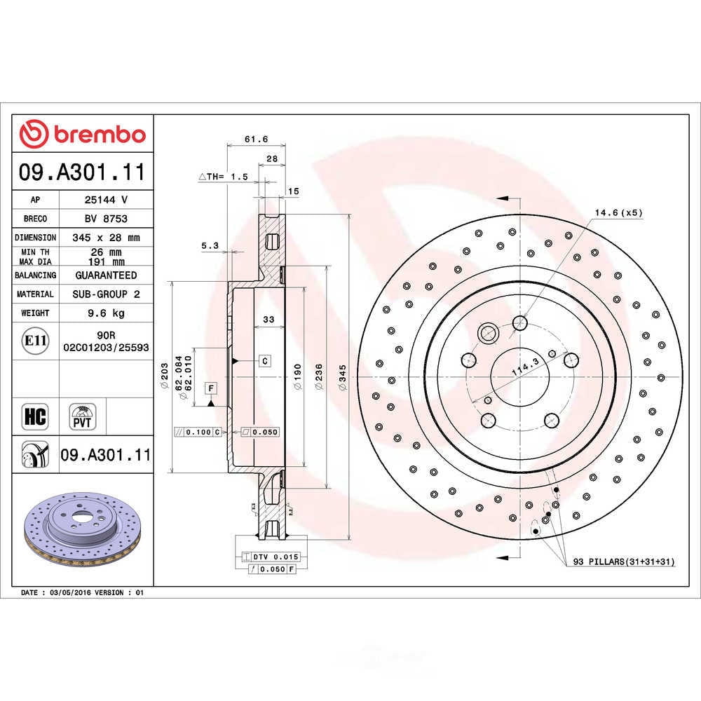 Brembo 09.A301.11 Disc Brake Rotor Fits select: 2008-2009 LEXUS IS-F, 2010-2014 LEXUS IS F