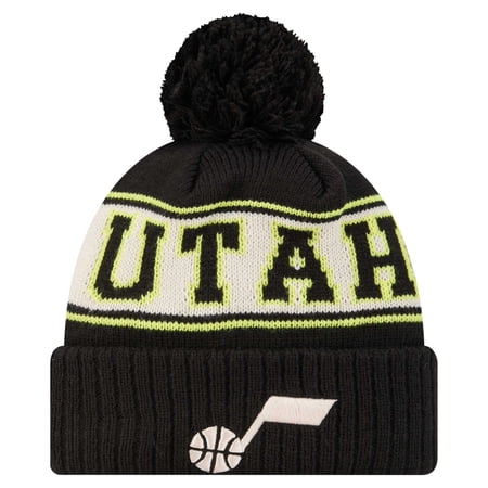 Men s New Era Black Utah Jazz Throwback Retro Cuffed Knit Hat with Pom