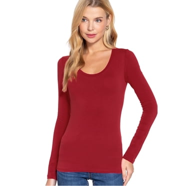 Emmalise Women's Basic V-Neck Long Sleeve Tee – Soft Stretch Cotton Blend