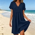 thumbnail image 2 of AKOEE Women's Summer Dress Cotton Linen Pleated V Neck Boho Beach Knee Length Short Dress with Pockets (L, Navy), 2 of 8