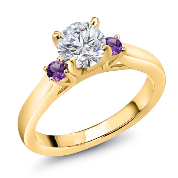Gem Stone King 18K Yellow Gold Plated Silver Lab Grown Diamond and Purple Amethyst 3-Stone Engagement Ring for Women | 0.86 Cttw | Round 6MM and 2.5MM | Gemstone April Birthstone