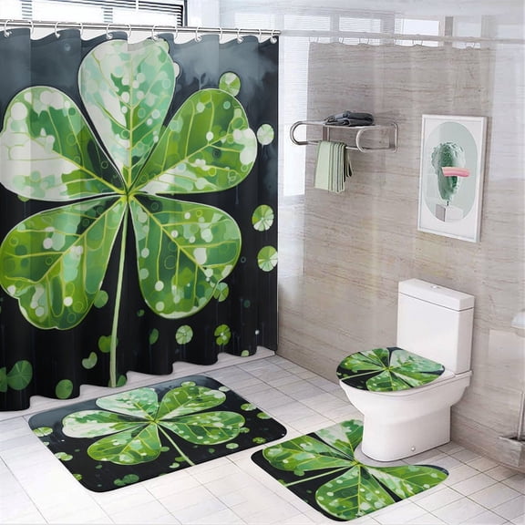 4 Pcs Shower Curtain Sets Lucky Green Clover with Rugs Include Waterproof Shower Curtain Non-Slip Rug Toilet Lid Cover Bath Mat Clover Lucky 12 Plastic Hooks for Bathroom Decor Set 72inch X 72inch