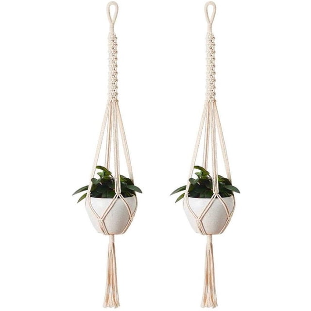 Colgador de macramé ecológico, paquete de 2, cuerda de algodón anudada a mano de inspiración vintage para decoración del hogar bohemia, adecuado para varios estilos de decoración, 100 cm de largo,
