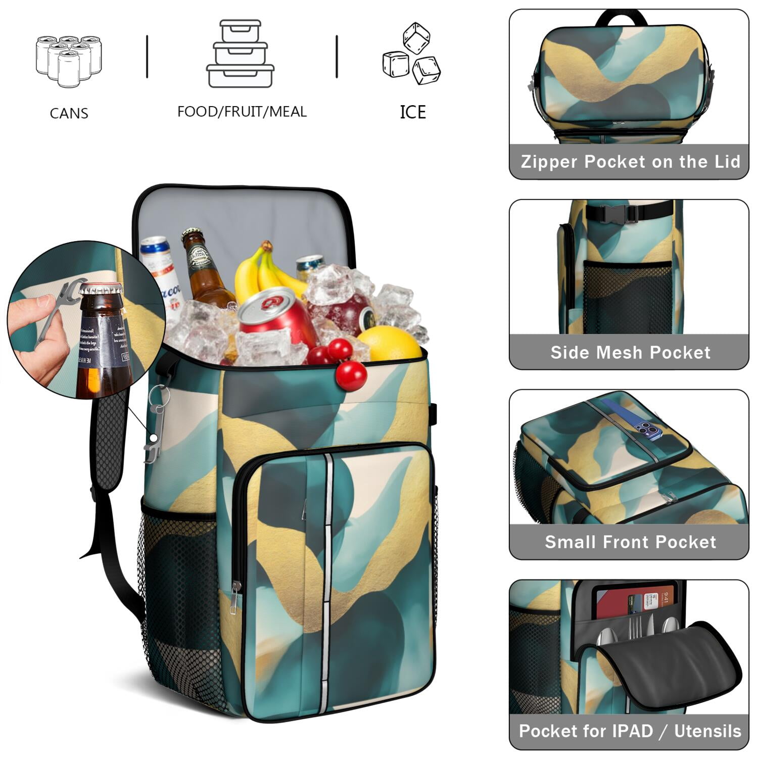 Travel Cooler Bag - Teal Gold Marble Camping Beer Cooler Backpack with Bottle Opener- Waterproof Insulated Picnic Backpacks - Cooler Bag for Beach