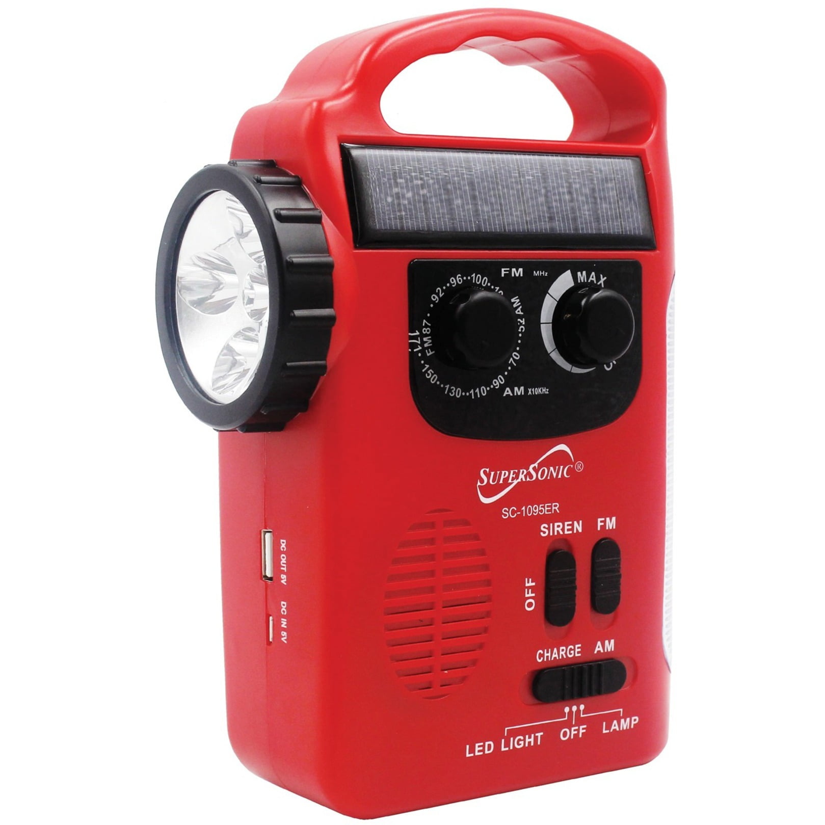Supersonic SC-1095ER Emergency Solar/Hand Crank Radio w/ Flashlight, 3 Power Supplies, Emergency Lantern, Speaker, AM/FM Radio, Solar Panel, Hand Generator, SOS Alarm, Phone Charger, 3xAA Compatible