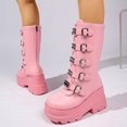 thumbnail image 4 of SACFOF Women's Pink Platform Boots Wedge Combat Gothic Chunky Heel Mid Calf Punk Motorcycle Shoes, 4 of 6