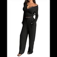 thumbnail image 3 of Conjuntos de Dos Piezas de Otoño para Mujer, Camiseta de Larga con Cuello en V y Pantalones Anchos, Conjuntos de Chándal Informal. Negro L, 3 of 8