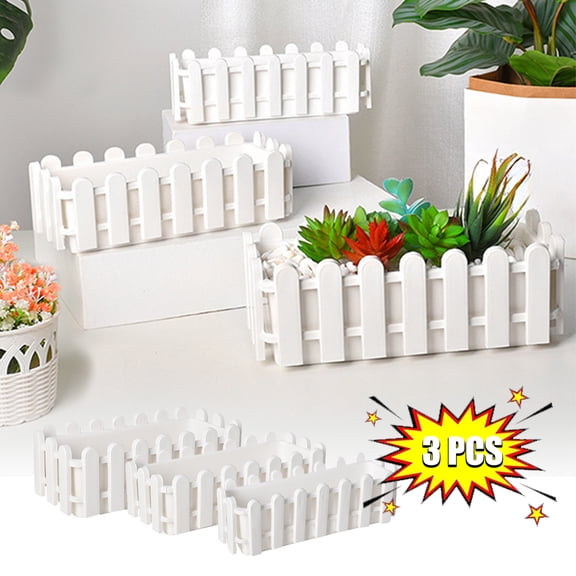 KOYPTL 3PCS White Picket Fence Panels,Plastic Flower Pot Window Vase Planter for Artificial Flower Plants,Rectangular Planter Box Floral Arrangements Home Garden Farmhouse Sill Planter Decoration
