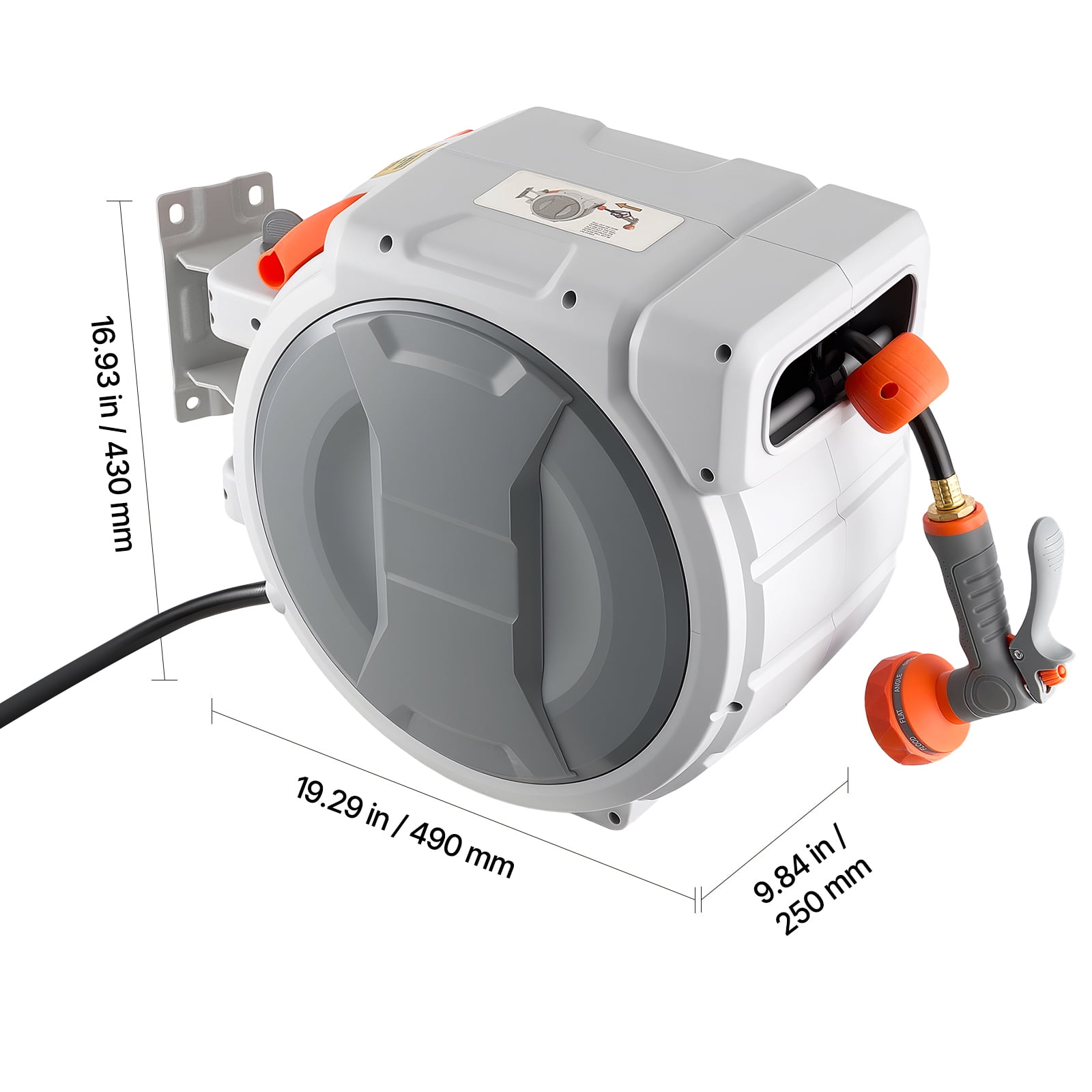 KFFKFF Retractable Garden Hose Reel, 1/2 in x 100 ft, Wall-Mountable with 9-Pattern Spray Nozzle, 180° Swivel Bracket, Adjustable Length Lock, and Automatic Slow Rewind for Watering Tasks