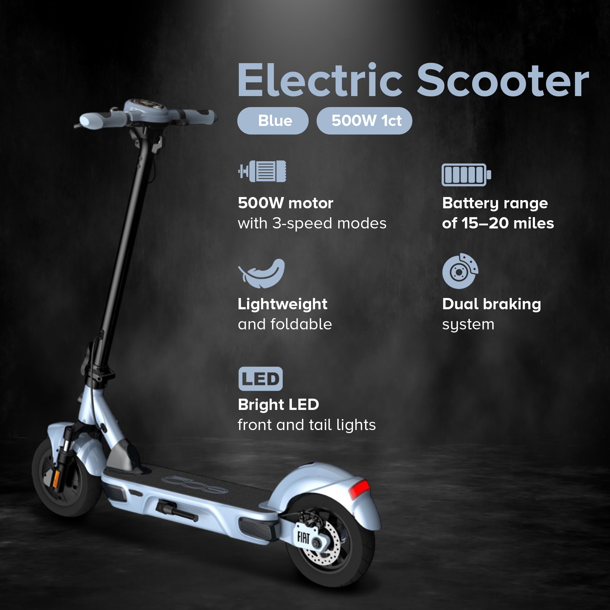 Fiat 500W Electric Scooter, Foldable Scooter for Adults with 10” Tubeless Tires, Blue