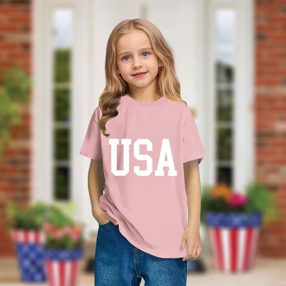 BRGZLK Toddler Memorial Day Cotton Tops Kids Independence Day Letter Printed Tees Boys Girls Lightweight Cozy Round Neck Short Sleeve Shirt Pink 9-10 Years
