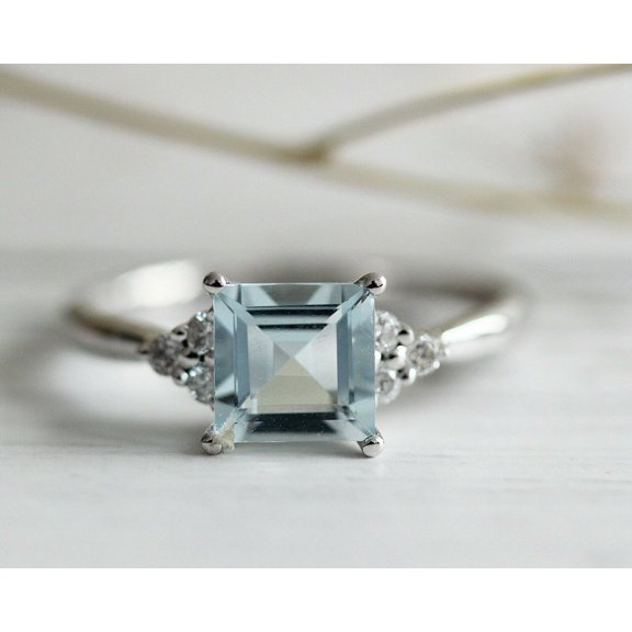 HeartsAndYou 2ct Asscher Cut Natural Aquamarine Moissanite Accents Ring 14k SOLID White Gold