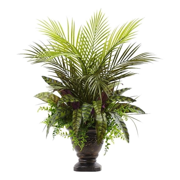 Nearly Natural 27" Plastic/Polyester Mixed Areca Palm, Fern & Peacock Artificial Plant with Planter, Green